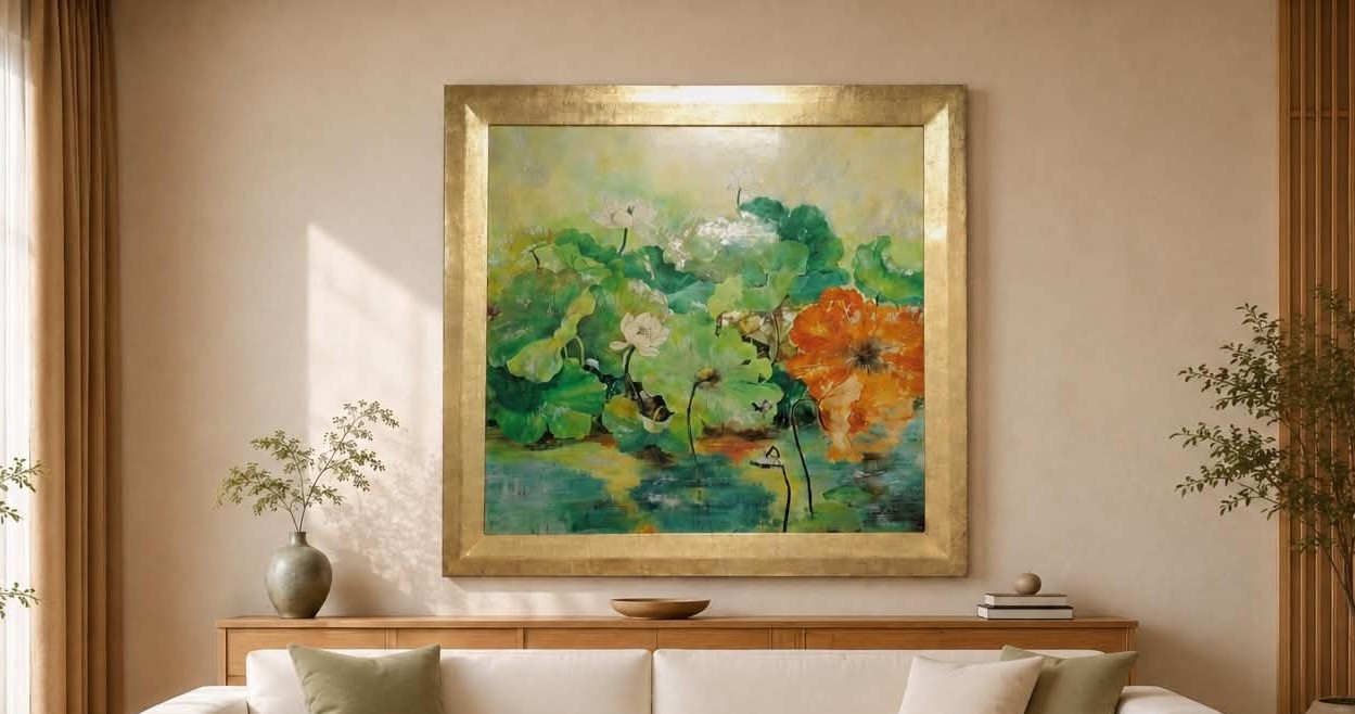 Large lotus painting displayed above a living room sofa
